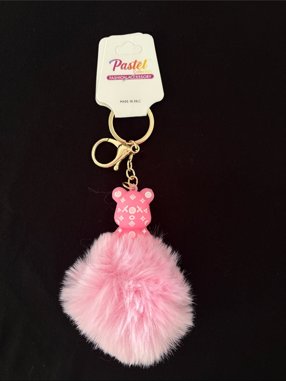 Pink Pom Pom Bear Bag Charm Keychain -with Gold Hardware